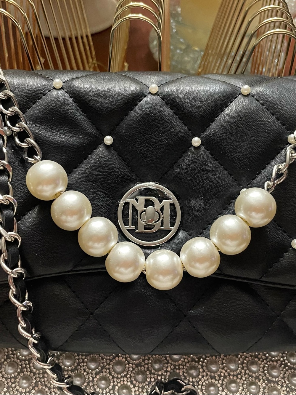 Badgley Mischka Black Quilted Shoulder Bag with Pearl Detail